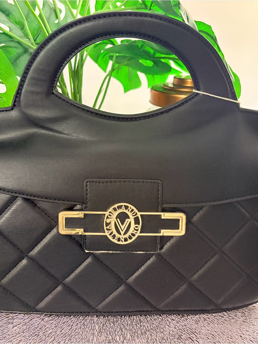 Valentino Black Quilted Mini Top-Handle Bag with Gold V-Logo